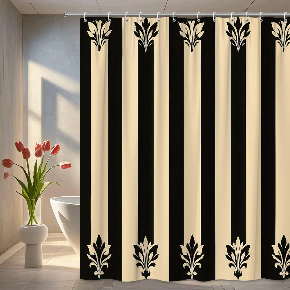 

Black And Cream Stripe Shower Curtain Fleur De Lis Pattern Classic Elegant Decor Modern Bathroom Style Waterproof Non-Toxic W60H190(CM)-1 Pcs