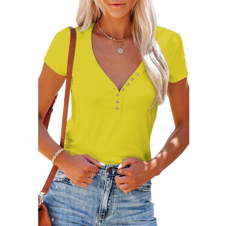 

Women Sexy V Neck T Shirt Spring Summer Short Sleeve Tops XXXL жовтий