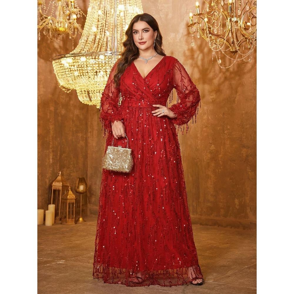 Plus Size Womens Elegant Sequined Bridesmaid Dress V-Neck Long Sleeve Slit Fitted Temperament Wedding Party Dress