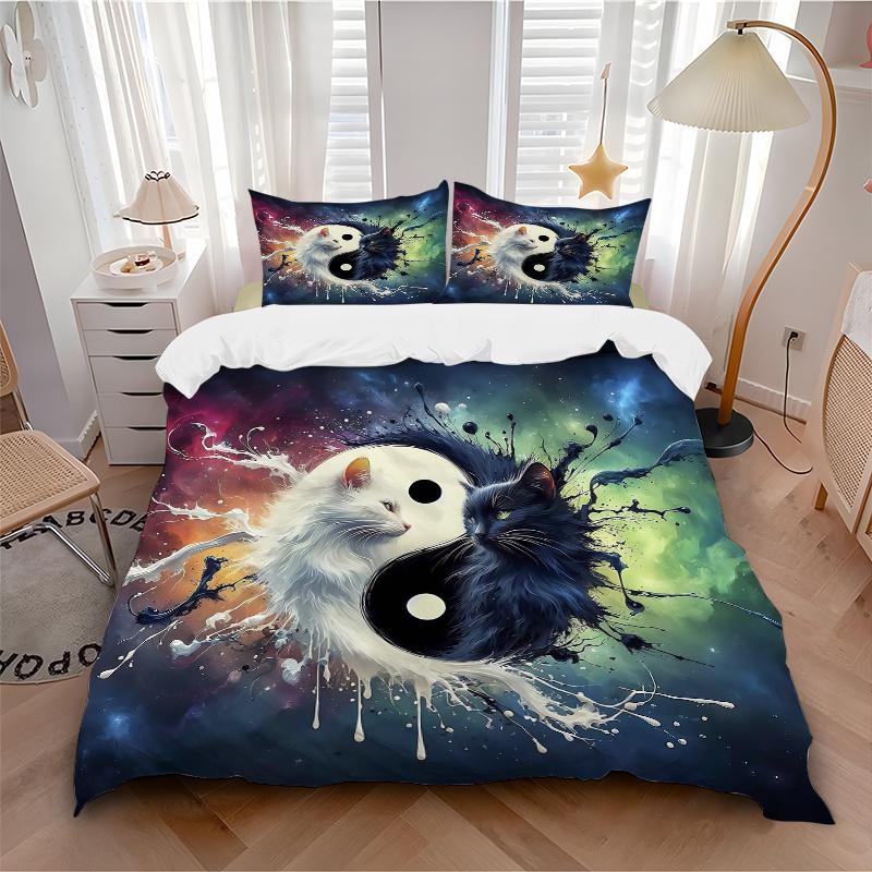 3pcs Yin Yang Cat Design Printed Quilt Set - Includes 1 Quilt Cover and 2 Pillowcases, Machine Washable - Suitable for All Seasons.M105