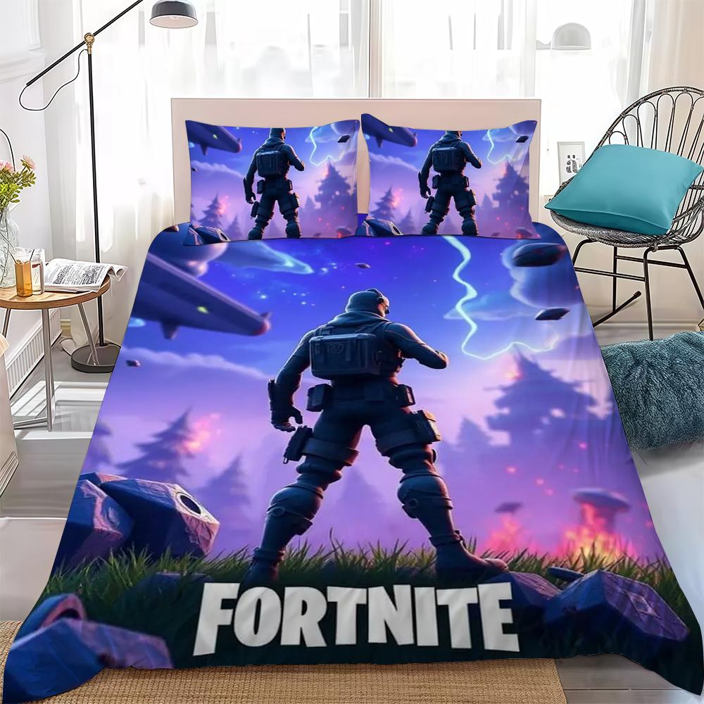 Игровой F-Fortnite Комплект пододеяльника Домашний стиль Постельное белье Мягкий Стирка Хлопок Кровать 3-предметный комплект Студенческое общежитие Подарок EU Single(135x200cm)