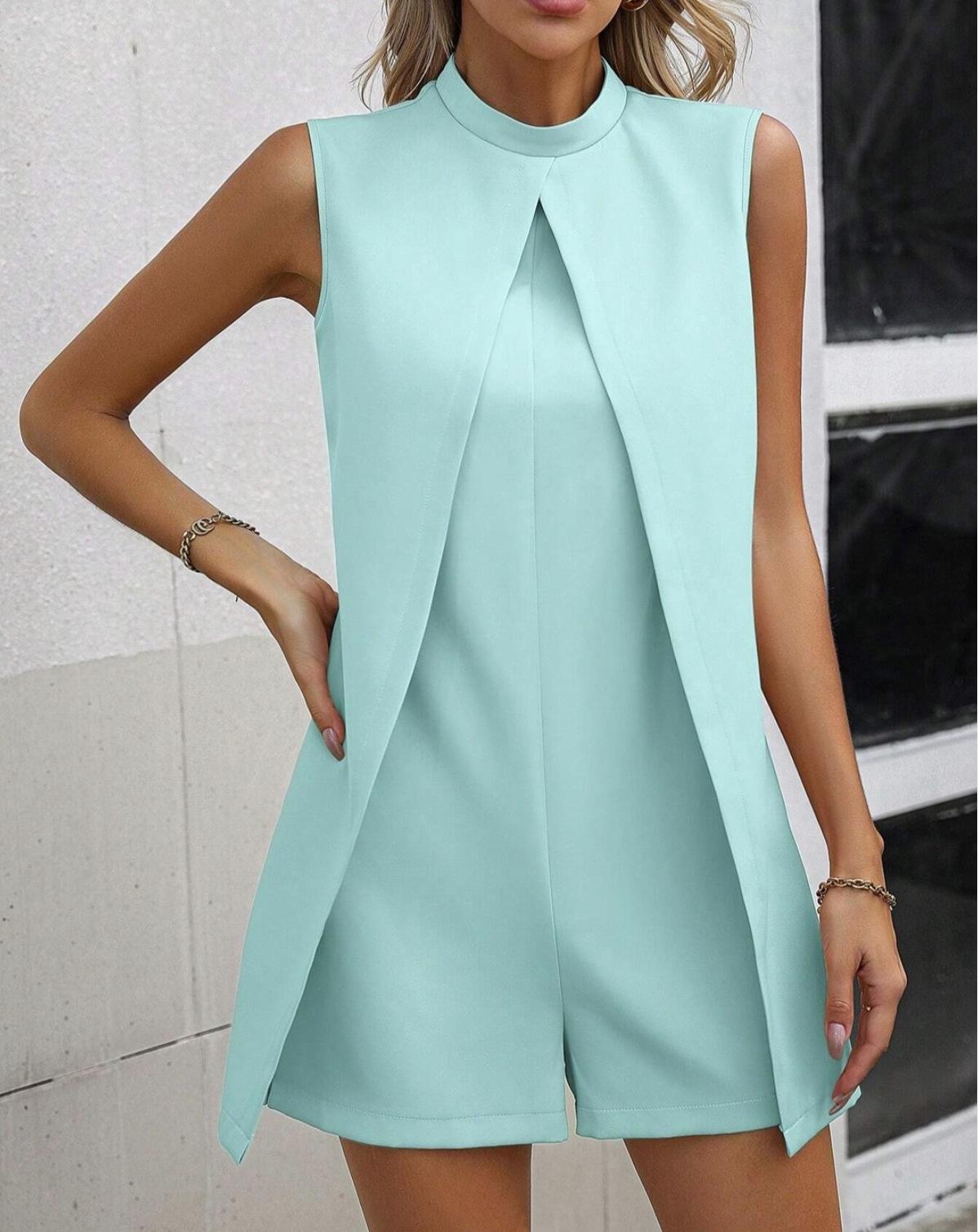 

Летний однотонный комбинезон без рукавов с воротником-стойкой, шорты большого размера XL изумрудный/зелёный