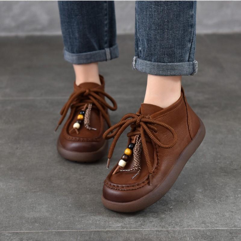 Johnature Genuine Leather Round Toe Lace-up Flat Ankle Boots Casual Versatile Women's Shoes