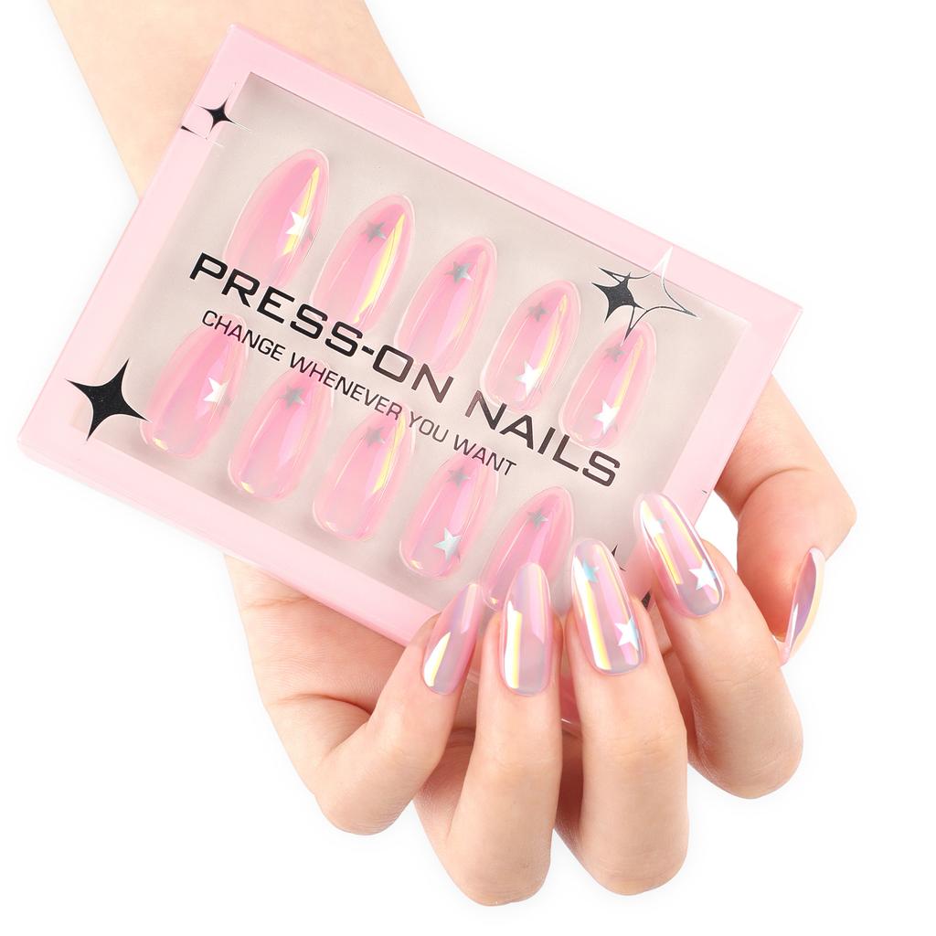 Silver star manicure, 30 fake nails, boxed high-end wearable nail pieces, finished short almond nail wearable nail