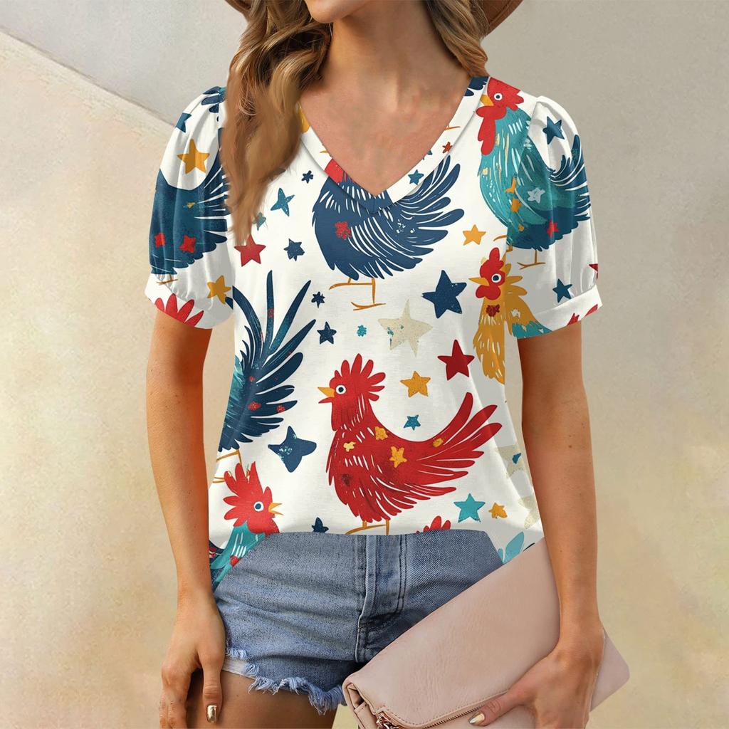 Women's Fashion Independence Day Print Top Puff Short Sleeve V-neck T-shirt Loose Casual T-shirt