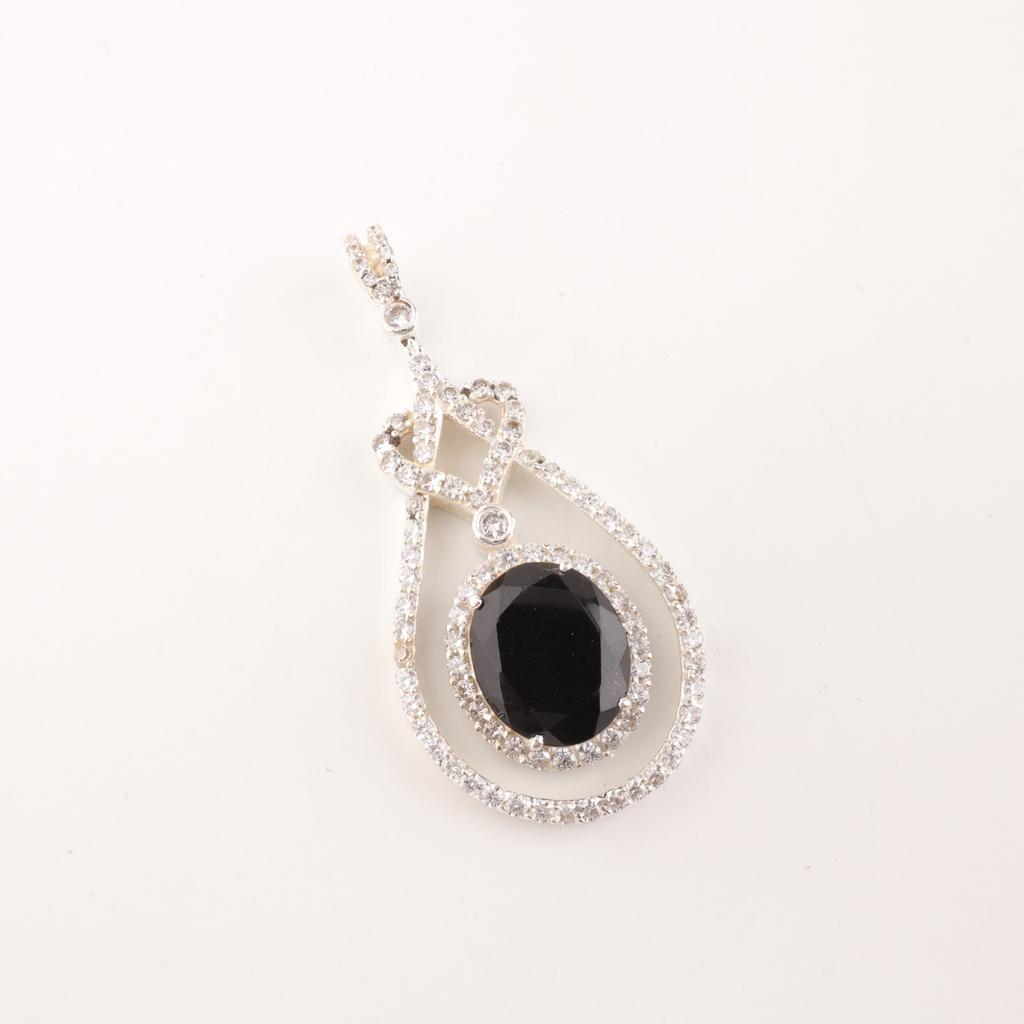 Natural Black Onyx Gemstone 925 Sterling Silver Jewelry Zircon Pendant 1.73" CZP-6-7