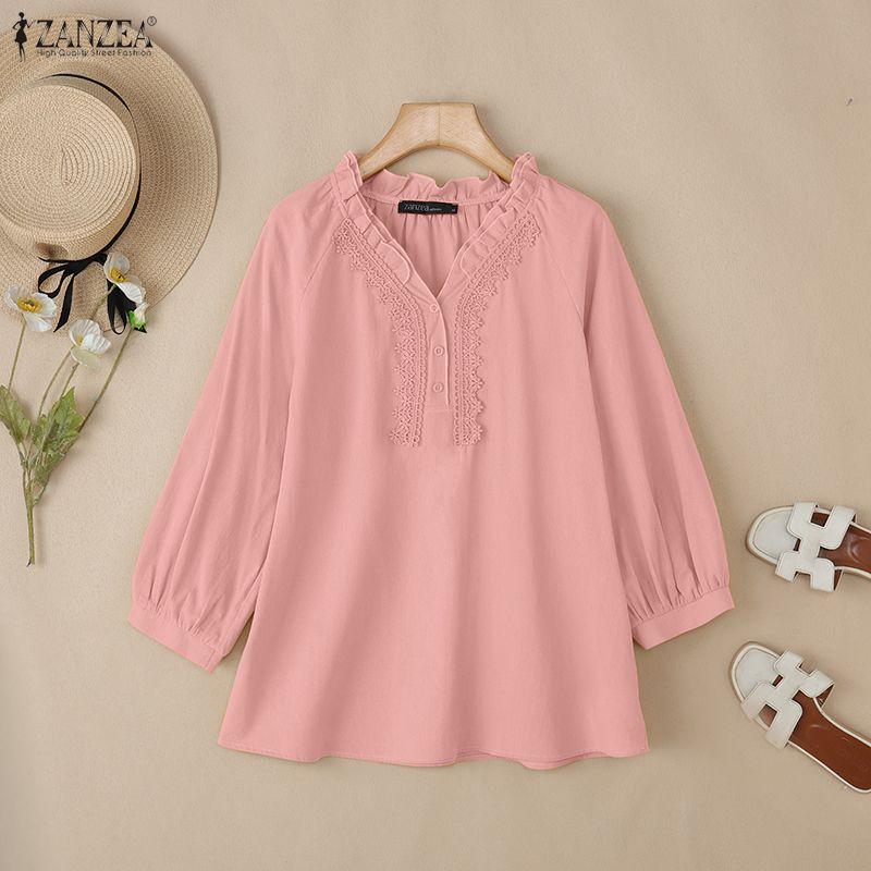 ZANZEA Women Lace Crochet Patchwork V-Neck Casual Long Sleeve Blouse