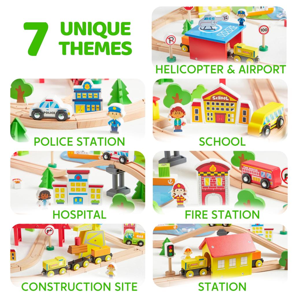 Joyfy 110 Pcs Wooden Train Set with Tracks City Scene Railway Set with Magnetic Trains Toy for Kids Birthday Christmas Gift