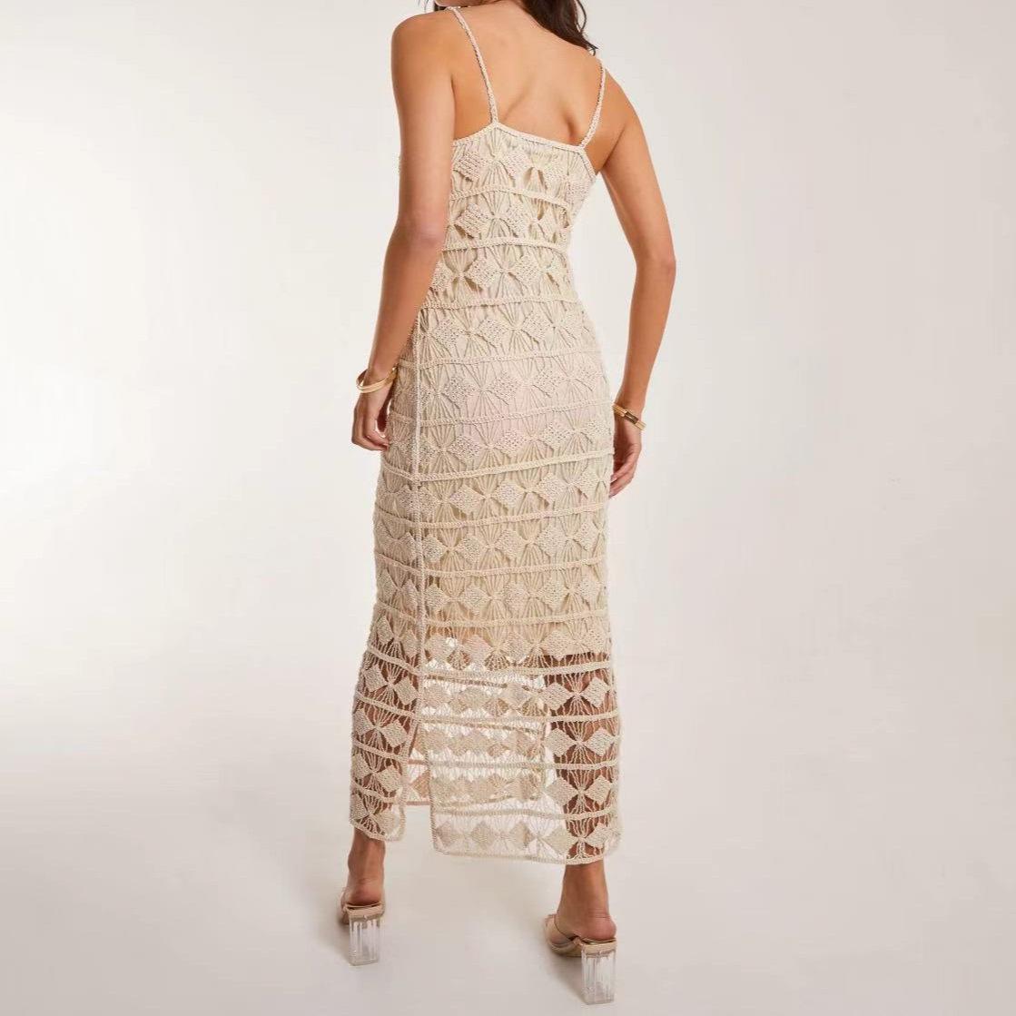 

European-American Sleeveless Hollow Knit Beach Cover-up Dress One Size абрикосовий