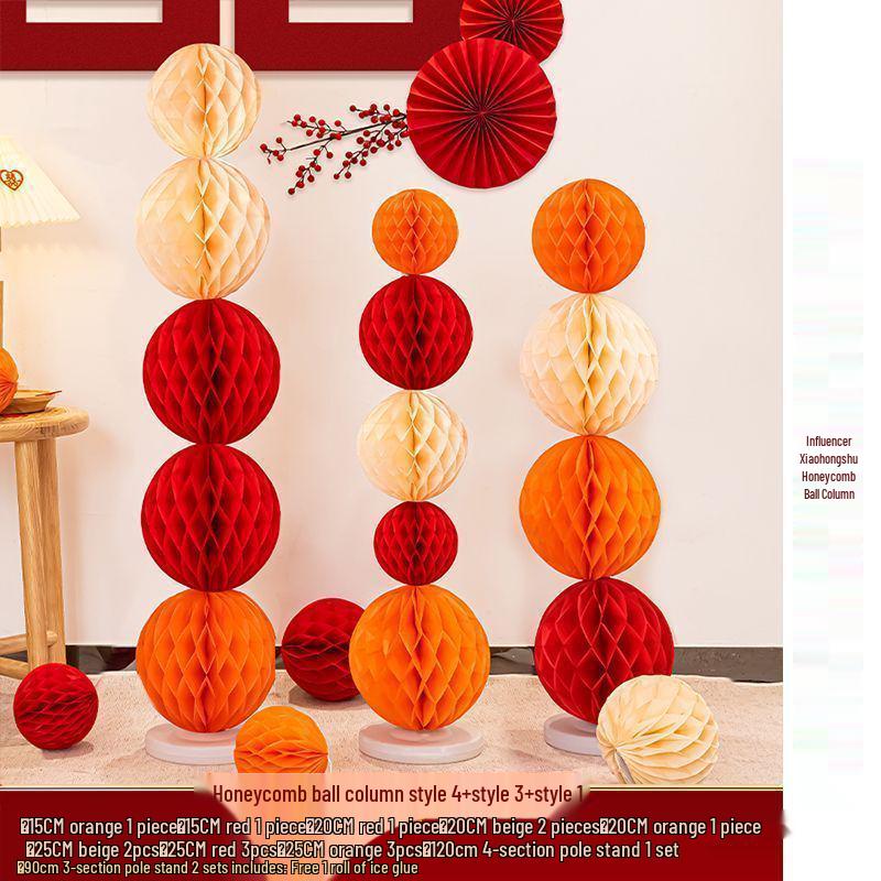 Honeycomb Ball Pillar Lantern for Wedding Room Decoration, Bride Photo Props, Double Happiness Wall Flower
