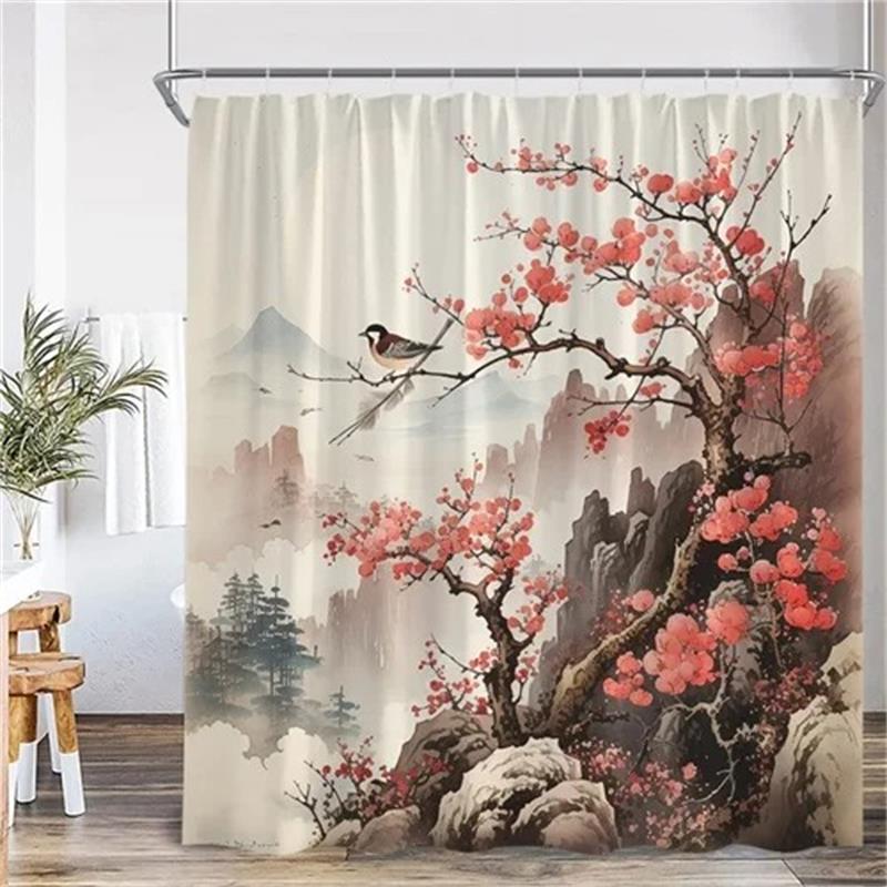 Japanese Style Flowers Bird Shower Curtain Beautiful Girl Red Floral Abstract Mountain Ink Art Landscape Decor Bathroom Curtains