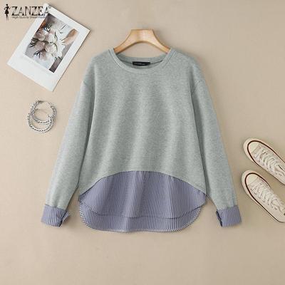 Women Casual Round Neck Long Sleeve Loose Stripe Patchwork Pullover Tops