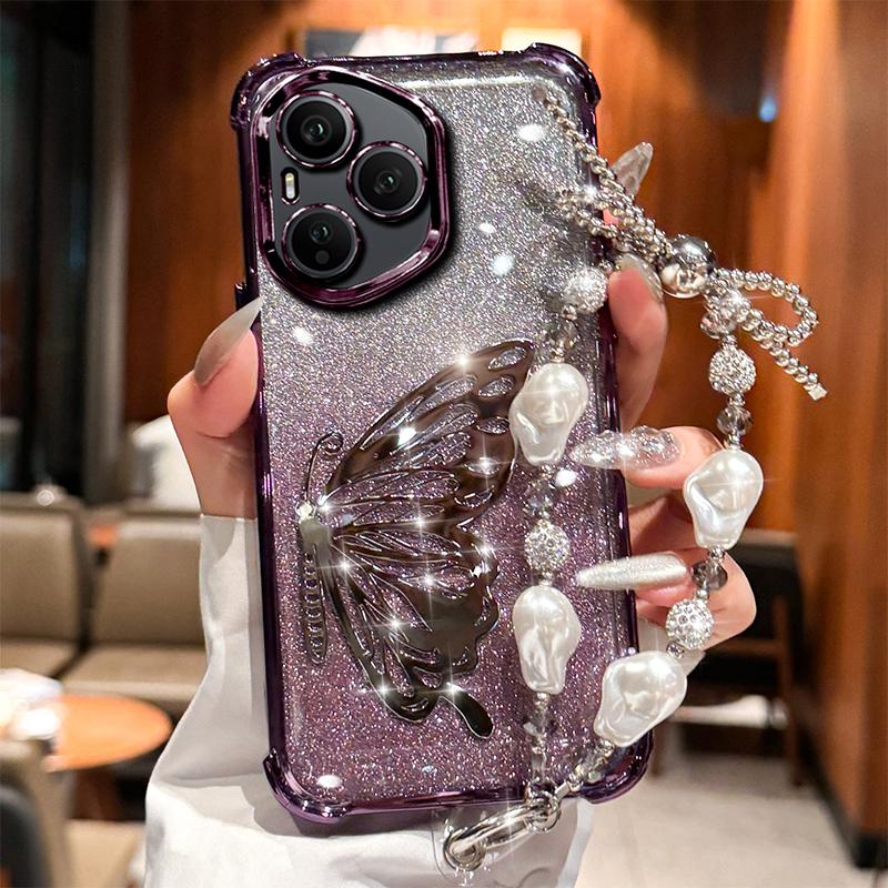 Custodia Braccialetto Glitterata Placcata Antiurto Farfalla Laser Per Huawei Honor 400 300 Ultra 200 100 90 Lite 80 70 60 Pro Cover