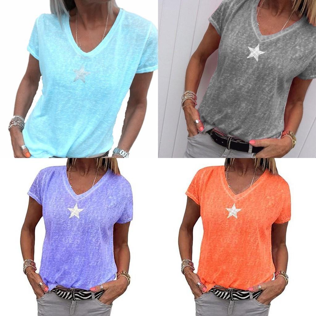 Stilvolles Damen V-Ausschnitt T-Shirt Lässig Locker Stern Sommer Shirts Einfarbig Kurzarm Perfekt für Outdoor-Aktivitäten