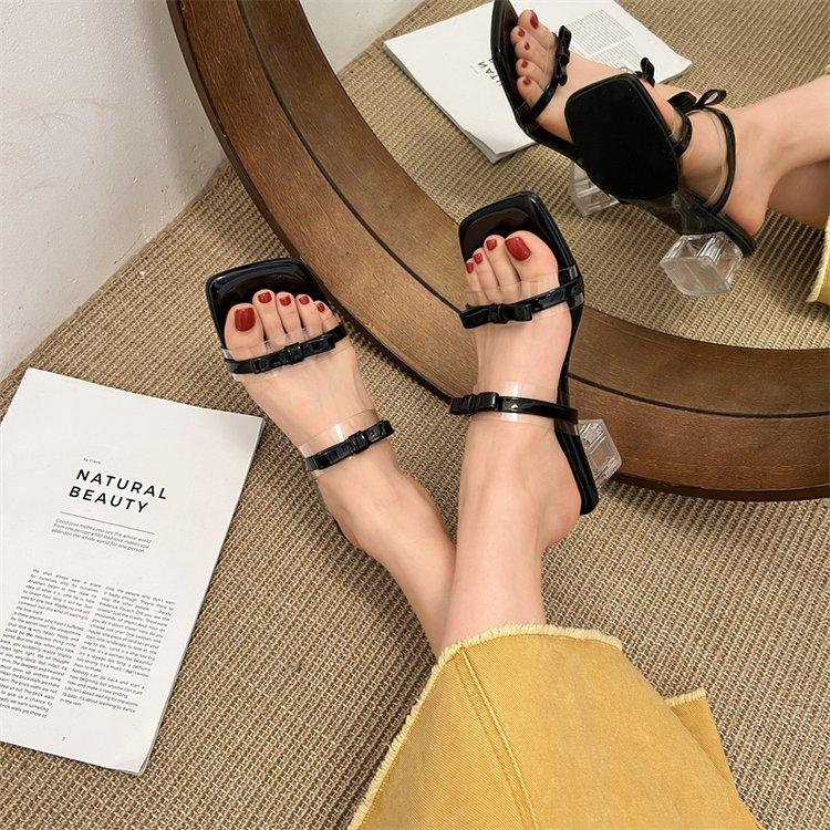 Square Head Bow Crystal Heel French Sandals Girl 2025 New Summer High Heel Fairy Style Thick Heel Sandals Sweet