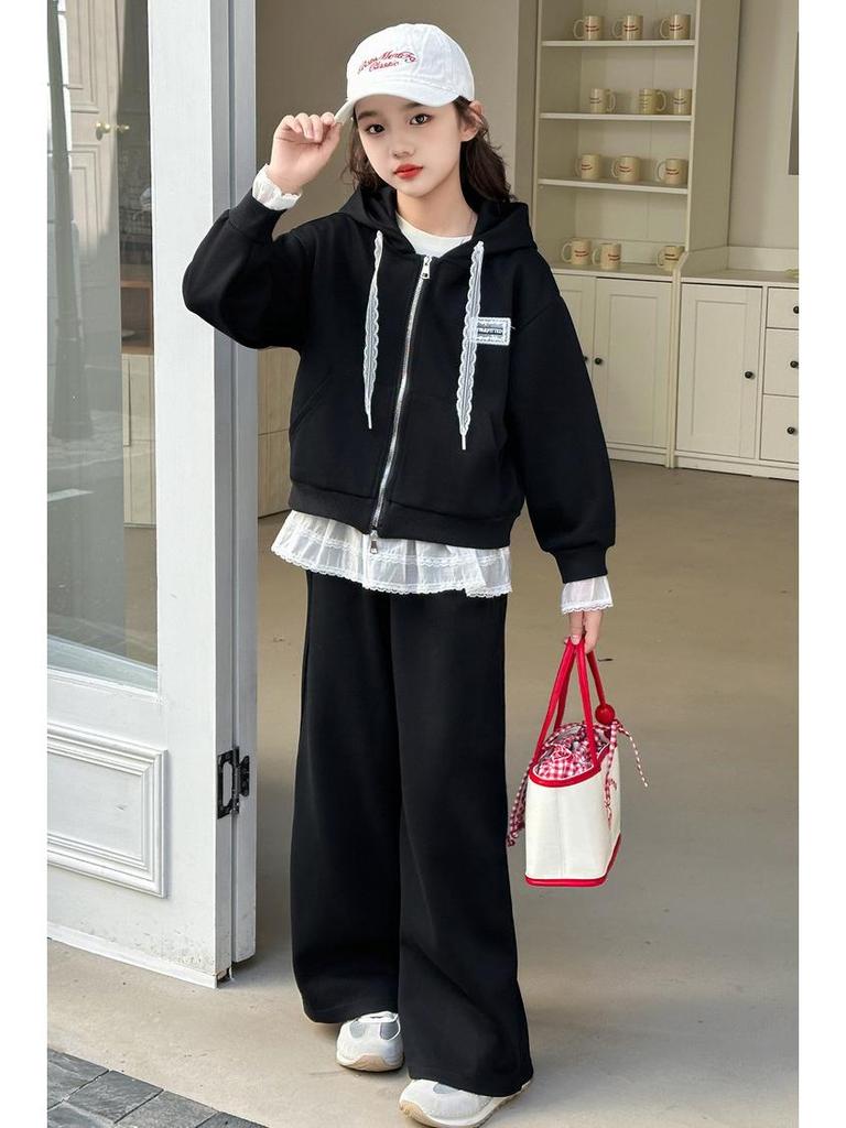 2025 New Style Girls' Hooded Sweatshirt & Wide-Leg Pants Two-Piece Set for Spring and Autumn