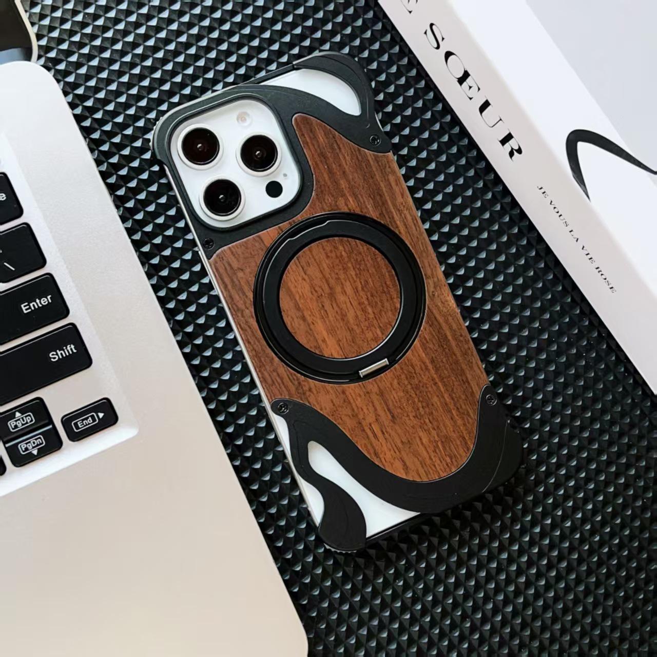 Compatible Apple 17 Promax Borderless Magnetic Walnut iPhone 16 Pro Rotating Bracket Phone Case 16 Pro Max