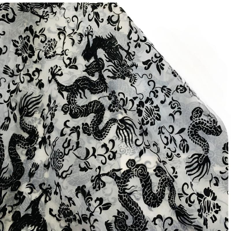 1yard Dragon Pattern Organza Flocking Fabric Flocked Yarn Gauze Fabrics for Chinese Style Material Dress Cheongsam Hanfu Scarf