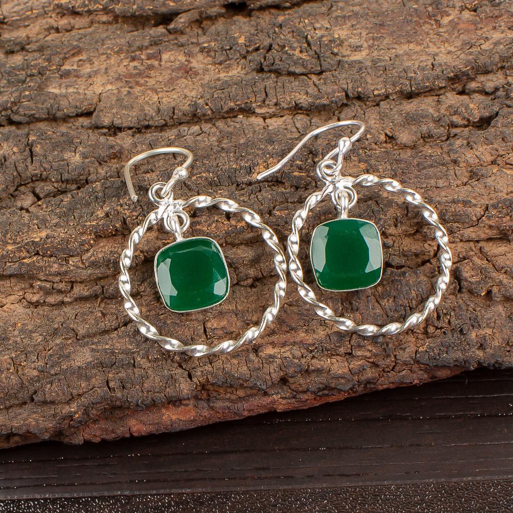 Green Onyx Gemstone 925 Sterling Silver Jewelry Earrings 1.60" For Wedding Gift EE-60-13