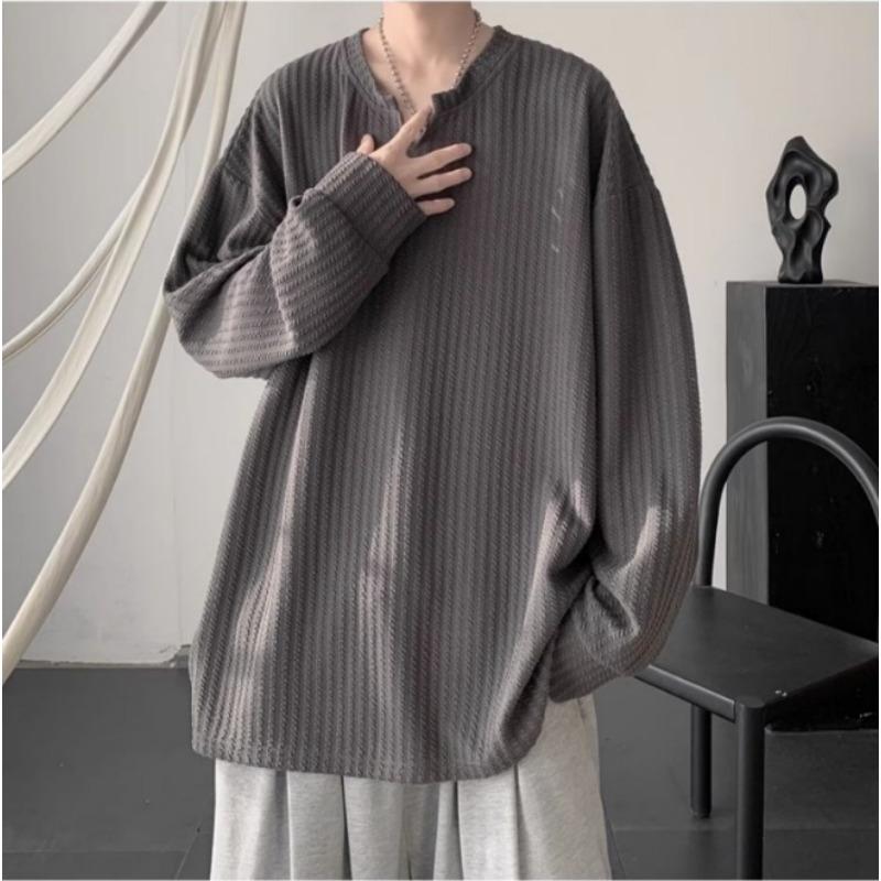 Spring Autumn V-neck Solid Color Casual Fashion Pullover Tee Male Long Sleeve All-match Bottomed T-shirt Top Men