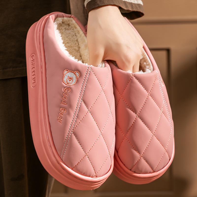 PU Leather Cotton Slippers Waterproof, Non-slip, Warm and Wear-resistant Thick-soled Cotton Tow Couple Home Indoor Velvet Cotton Shoes