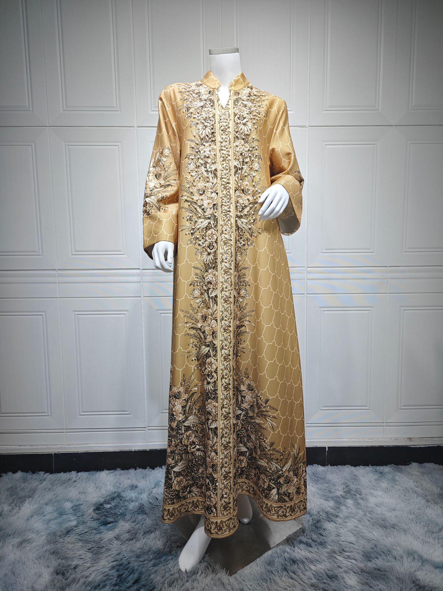 

AB446 Spring 2025 Women s Middle Eastern Long Robe with Dubai-Style Hot Drilling Design L абрикосовий
