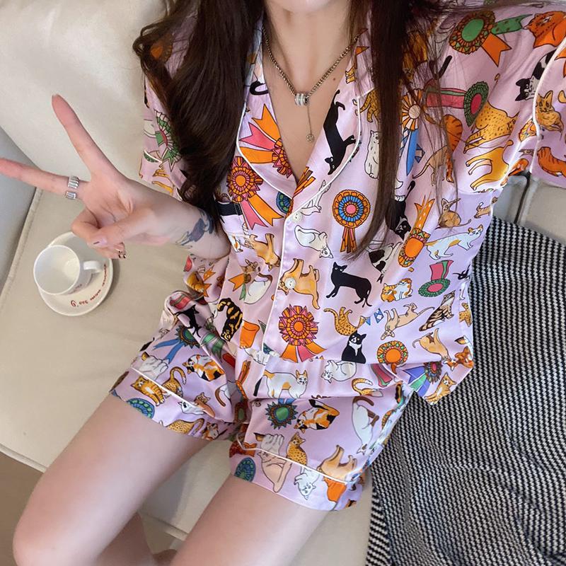 Summer New Ladies Sweet Satin Silk Floral Printed Pajamas Set Short Sleeve+Pants Women Ice Silk Cute Homewear Casual Wear