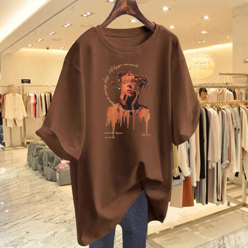 

Spring and summer women s pure cotton printed short-sleeved large version T-shirt women s summer new loose white top bottoming shirt XXXL