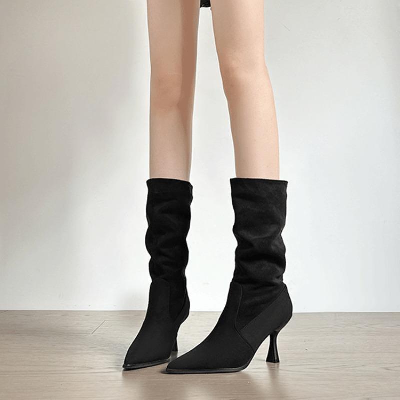 Fashion Suede Pleated Stack Boots Pointed Toe High Heel Skinny Boots Women's Autumn/Winter 2025 Retro Stiletto Mid-Leg Boots
