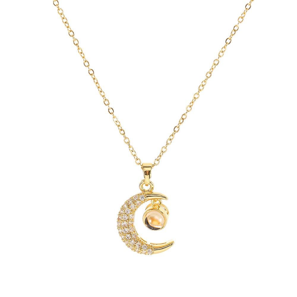 Elegant Crescent Moon Pendant Necklace - Gold Plated Titanium Steel Zircon Collarbone Chain for Women Delicate Jewelry