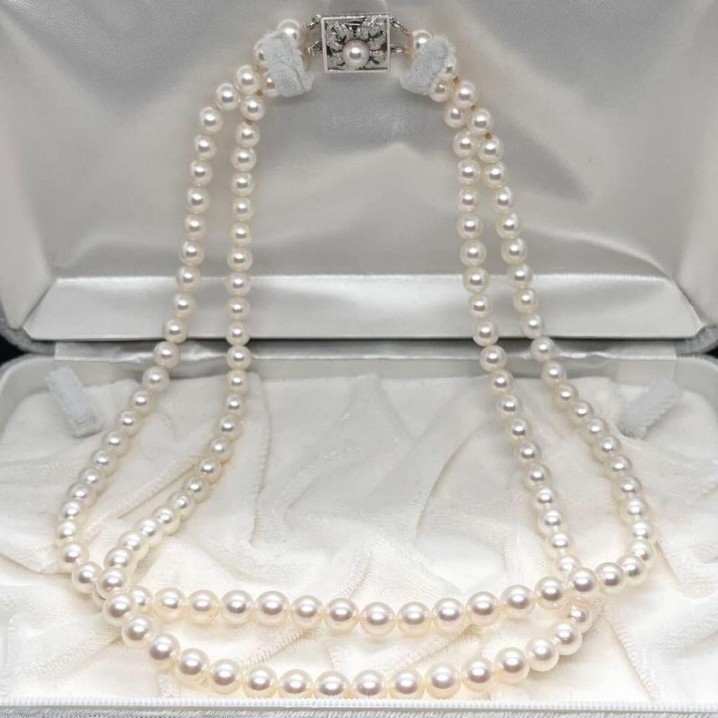 Used [Certificate of authenticity included] Akoya pearl 2 strand necklace pearl silver SILVER stamp 6.5mm pearl necklace
