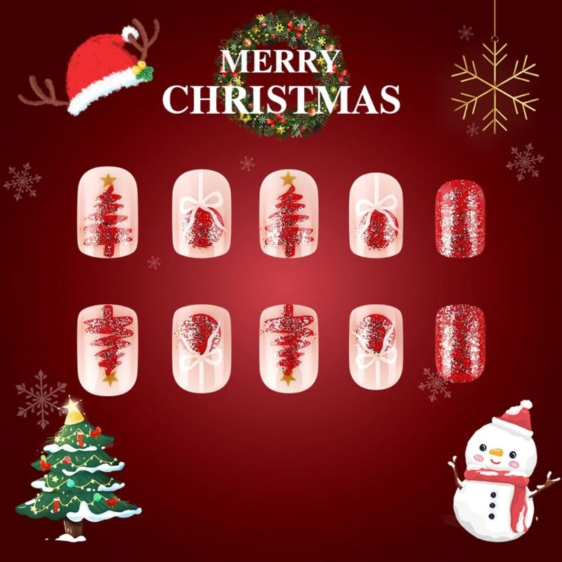 Christmas Snowflake French Nail Set Press on Nails Square Short False Nail Easy Wear for Holiday Parties and Gatherings