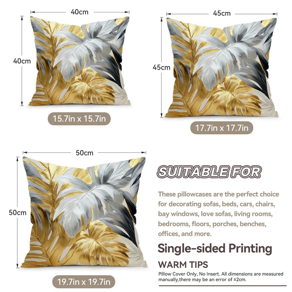 4 Pcs Retro Gold Leaf Single-Sided Printed Pillowcase Cushion Cover,Suitable For Living Room,Bedroom,Car Decoration