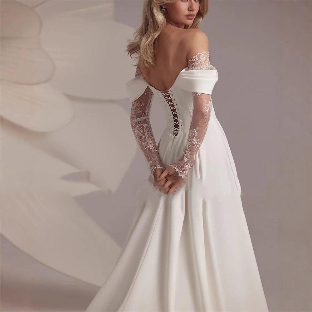 Robe de mariée légère pour femme épaule Bardot fendue sur le côté robe à traîne en dentelle photo de couple voyage mariée robe de mariée
