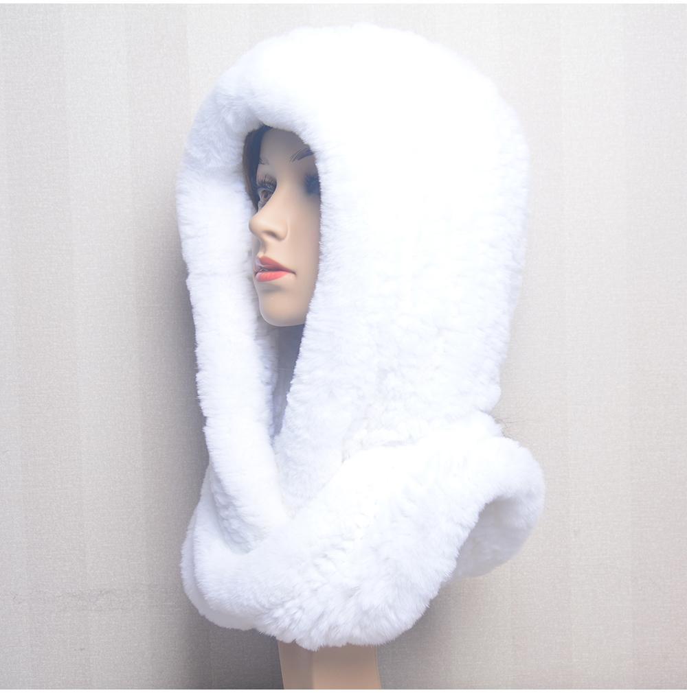 Hot Sale New Women Real Knitted Rex Rabbit Fur Hat Hooded Scarf Long Winter Warm Fur Hat With Neck Collar Scarves Hat Scarf