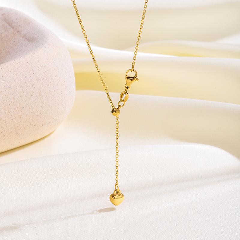 Women's 18K Gold Plated Stainless Steel Sporty Bamboo Chain Heart Zircon Pendant Necklace for Anniversaries