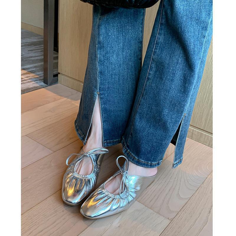 Spring 2025 new French pleated lace-up bag head half slippers women's silver Mary Jane shoes flat casual women's shoes