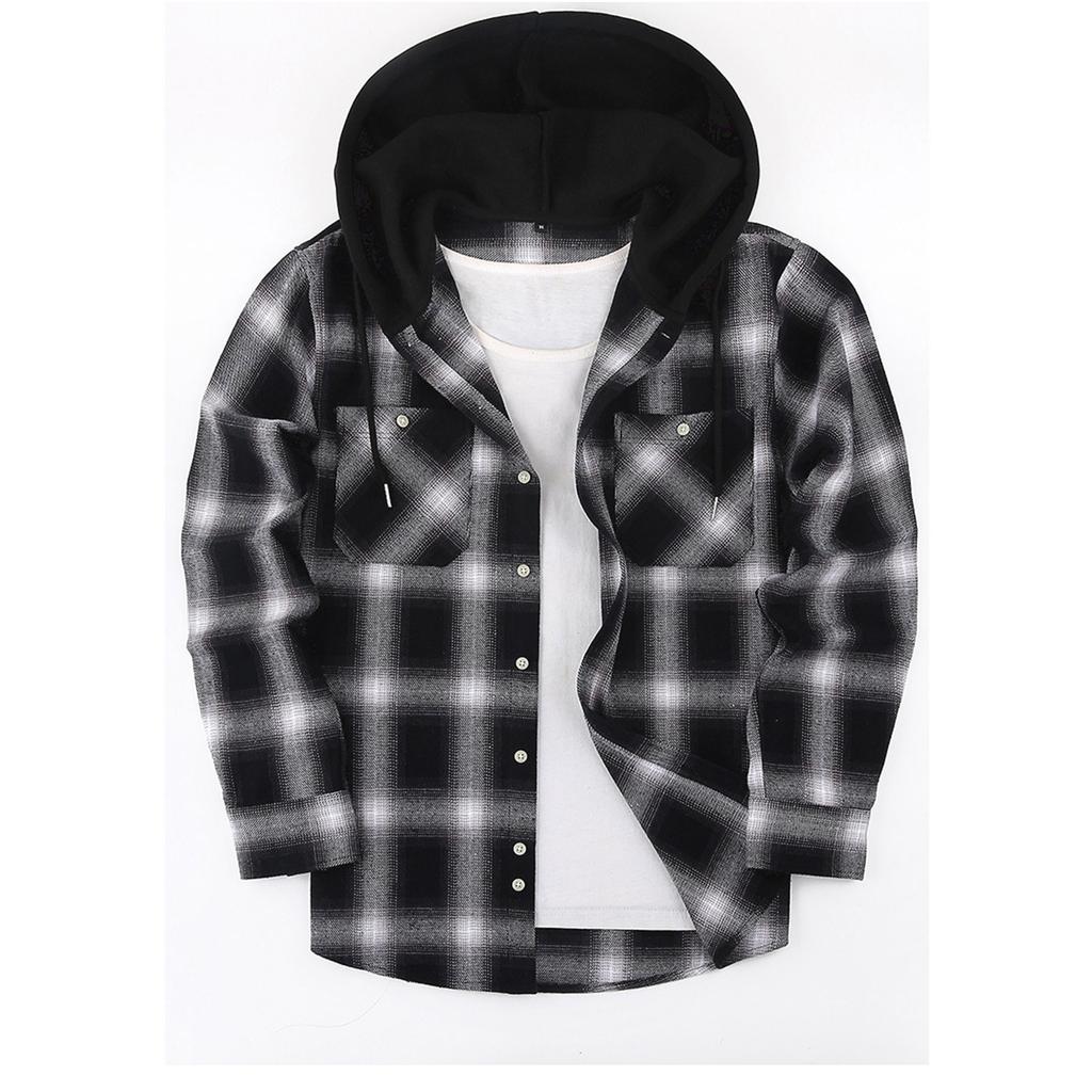 Mens Classic Plaid Long Sleeve Hooded Shirts Multi Pockets Thin Cotton Light Jacket Relaxed Fit Casual Outwear