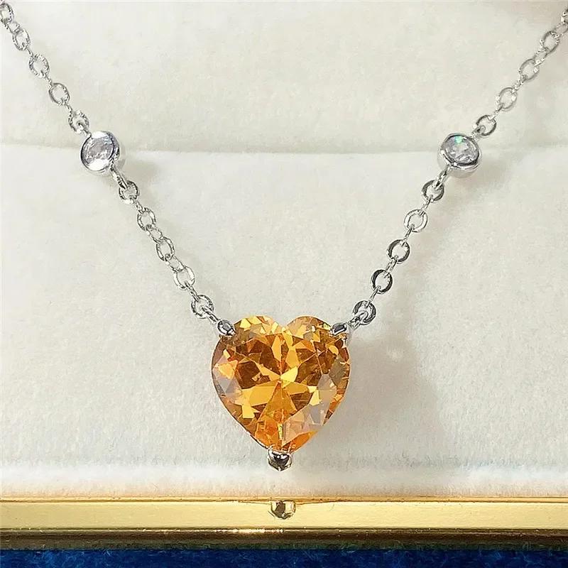 Bright Yellow/Pink Heart Cz Pendant Necklace For Women Simple Elegant Wedding Engagement Party Accessories Trendy Jewelry