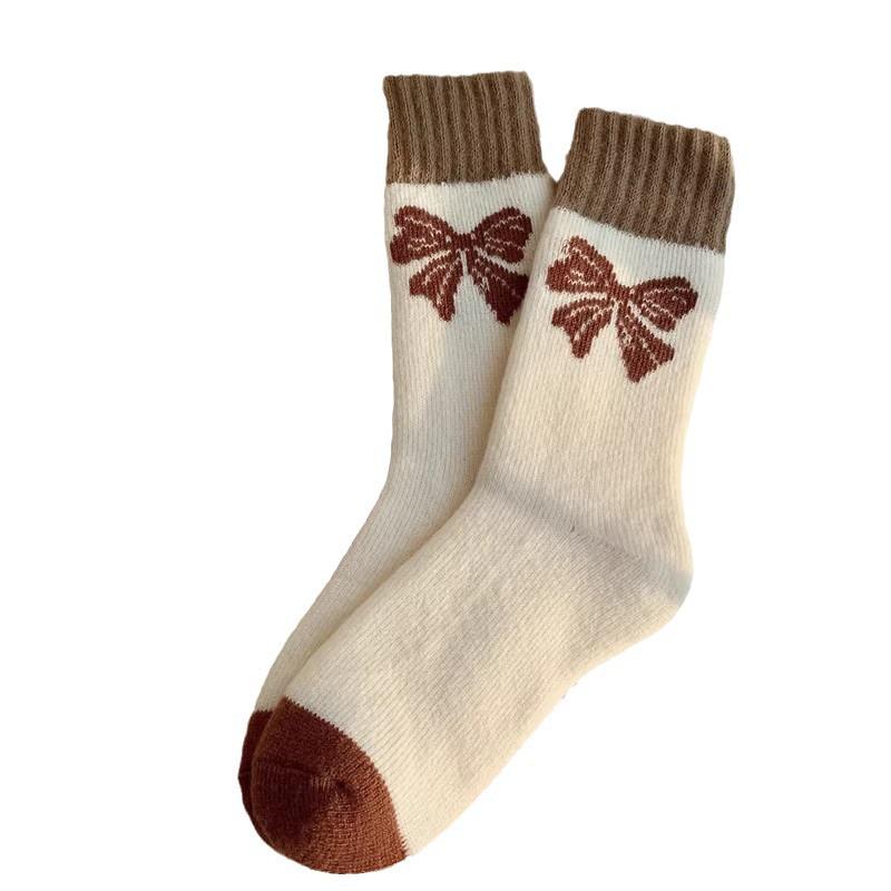 Women's Warm Cashmere Bowknot Mid-Calf Socks - Autumn/Winter Velvet, Thick Terry Cloth, Coffee Color, Over-the-Knee, Postpartum