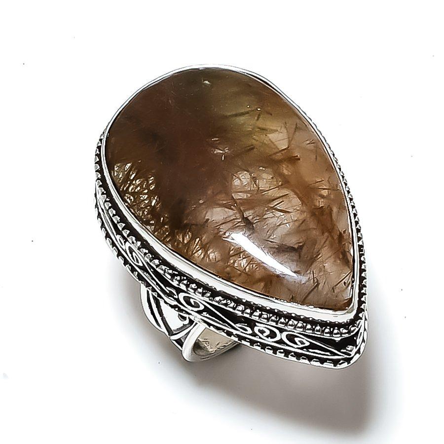 Golden Rutile Gemstone 925 Sterling Silver gift Jewelry Ring Size 7 S0D96