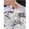 Patchwork Color Lapel Collar Blouses & Shirts White Cat Printed Tops Women’s Clearance In Stock