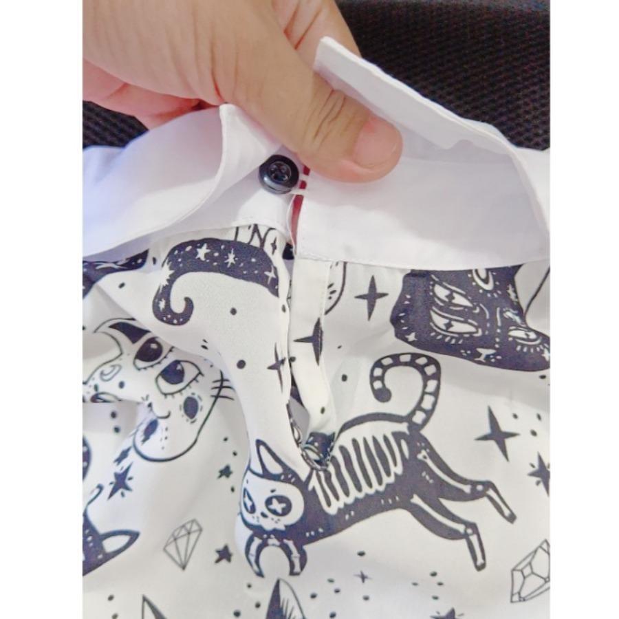 Patchwork Color Lapel Collar Blouses & Shirts White Cat Printed Tops Women’s Clearance In Stock