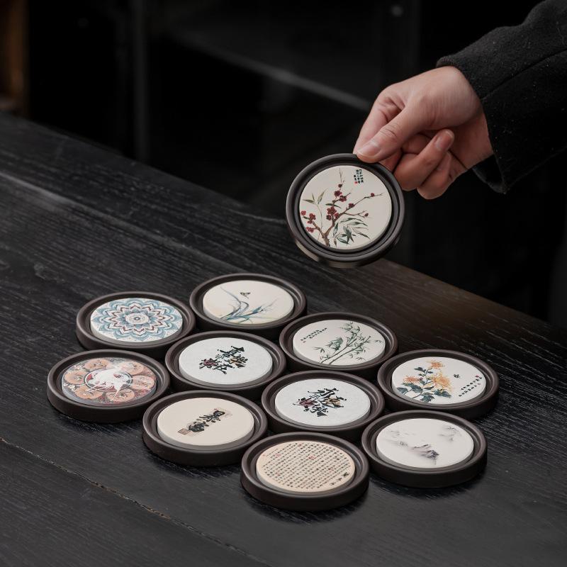 Phenolic Absorbent Coasters with Storage Holder Creative Tea Cup Mats Heat Resistant Coffee Tea Accessories for Home Office