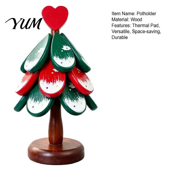 Durable Table Mat Christmas Tree Wooden Trivets, Pine Wood Potholders with Storage Stand, Festive Restaurant Accessory Heat Resistant Foldable