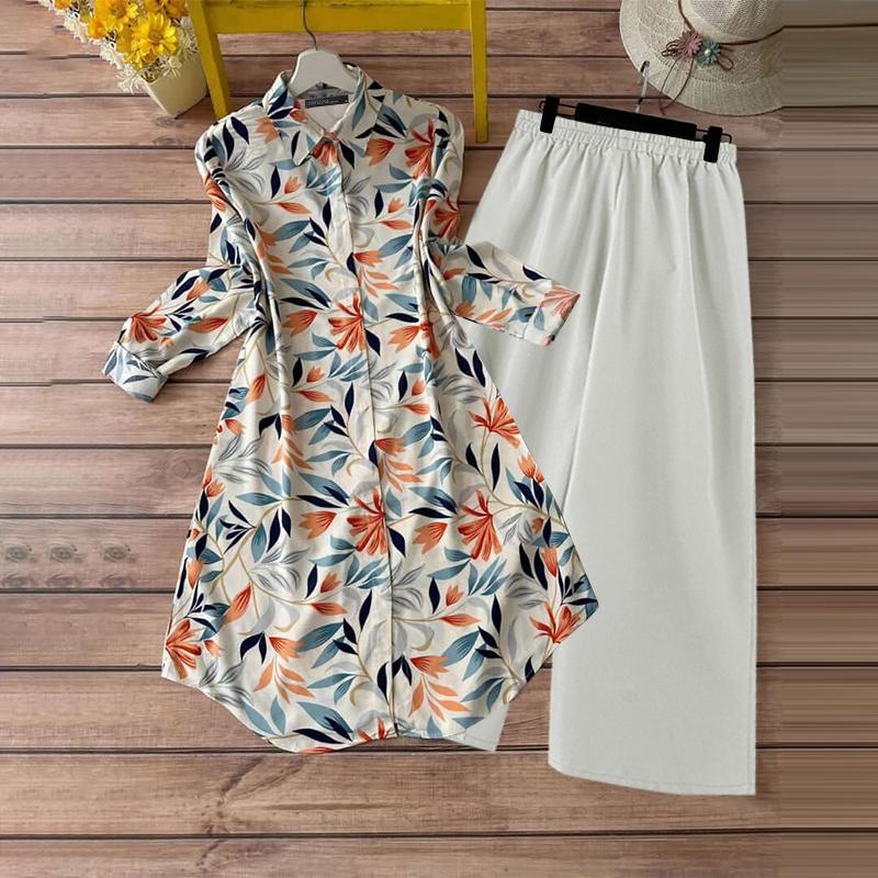 ZANZEA Women Spring Shirt Collar Long Sleeve Printed Shirt Straight Pants Two Piece Sets