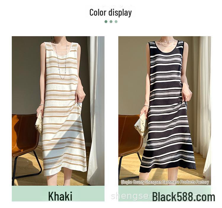 Gestricktes Sommerkleid mit Strumpfhaltern im französischen Stil mit U-Ausschnitt: Lockerer, gestreifter, langer Rock