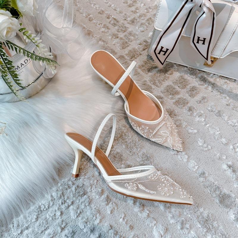 

Women s Beaded Lace Pointed Toe Slingback Stiletto Pumps for Wedding Party Wear 35 белый