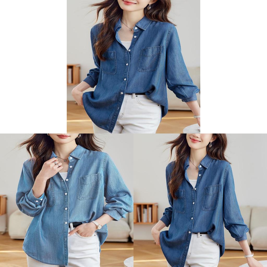 Tencel Denim Blue Shirt For Women Long Sleeve Casual Office Wear With Wrinklefree Technology
