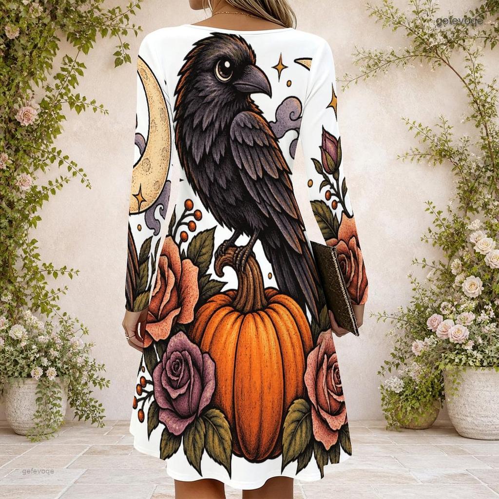 Women Criss Cross V Neck Long Sleeve Fitted Curved Hem Cartoon Bear Pumpkin Printed Dress